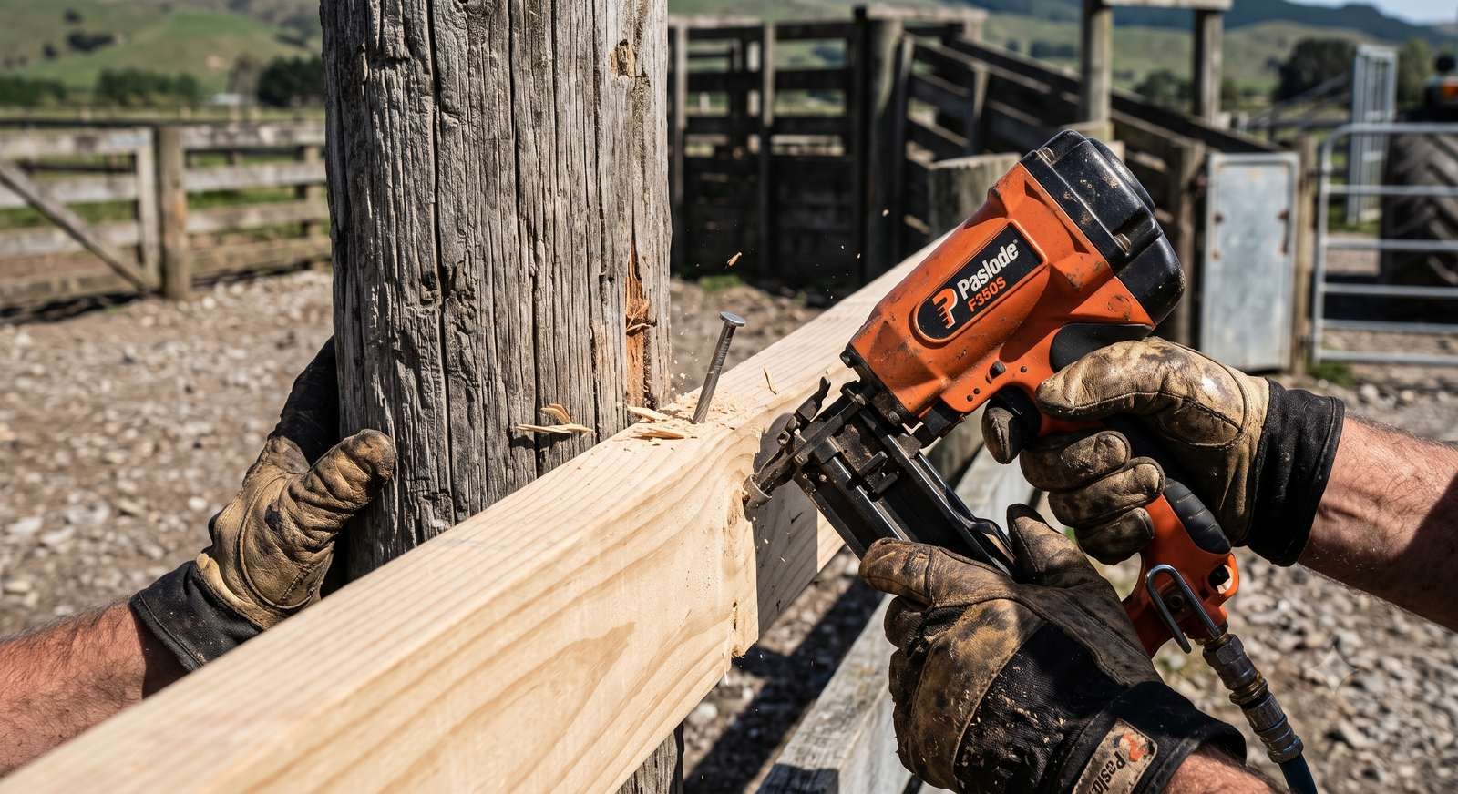 New rail nailed up during cattle yard repairs