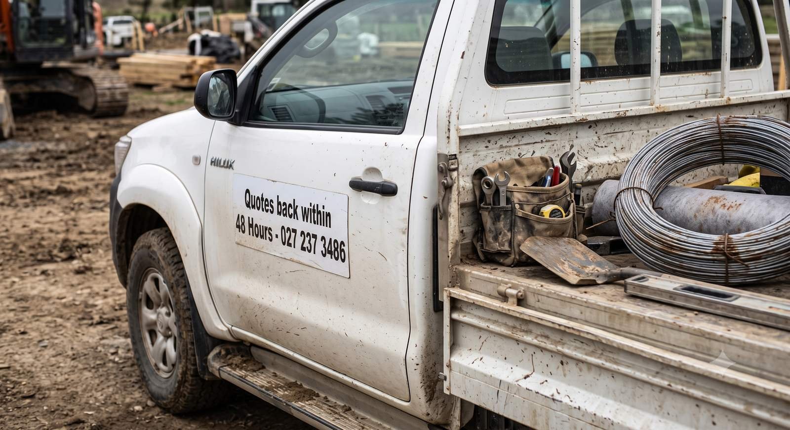 The work ute loaded with tools and fencing wire