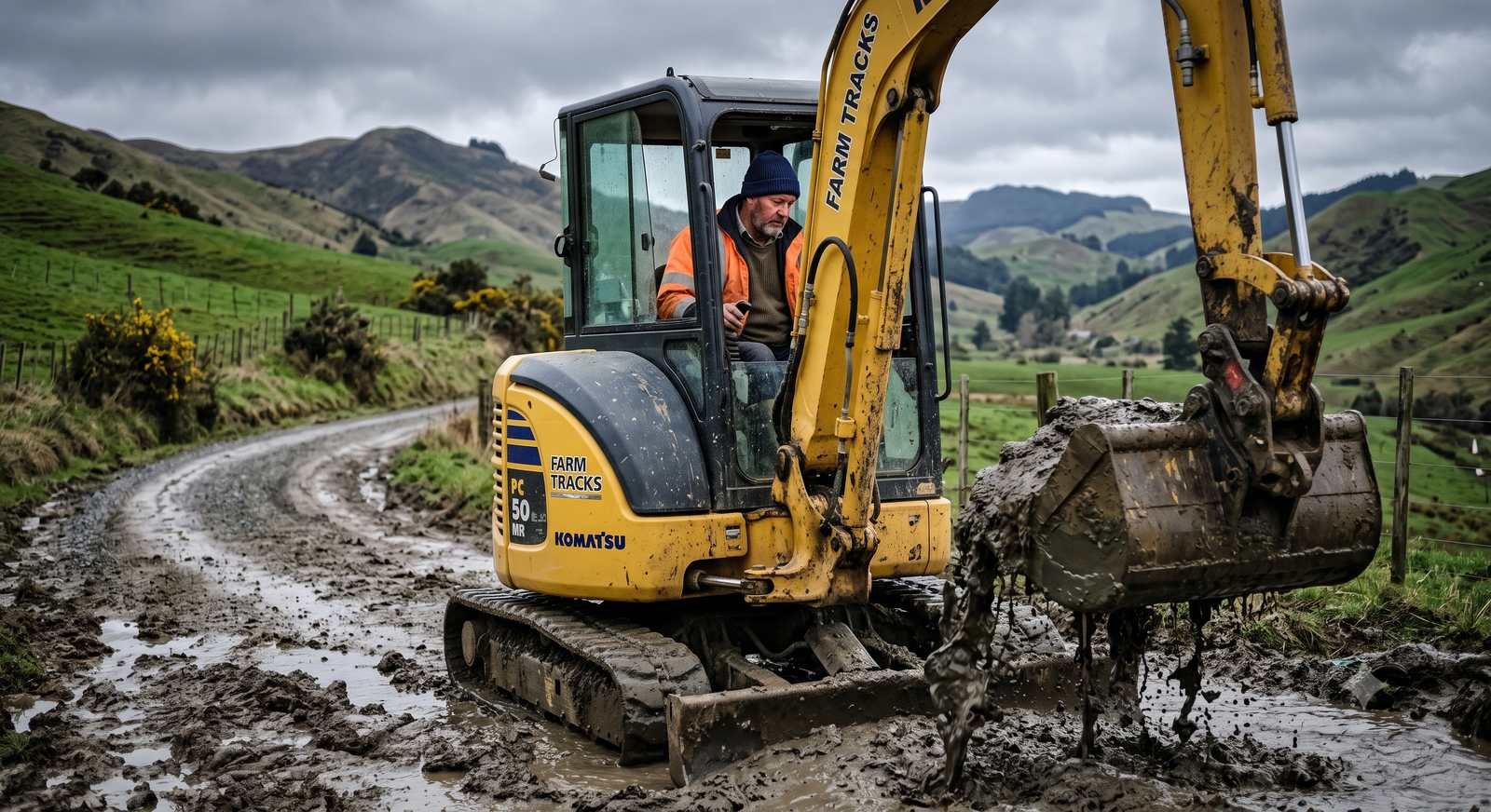 Digger and operator forming a farm track near Taihape