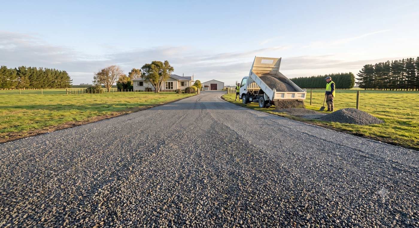 Fresh metal spread and compacted on a rural driveway