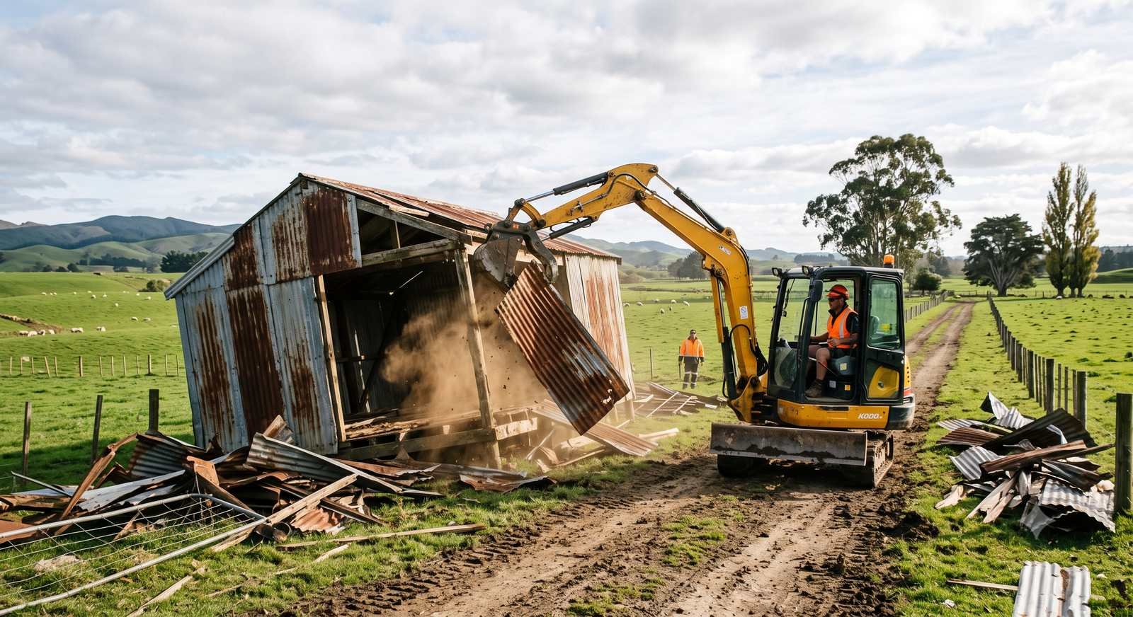 Farm shed being demolished, iron stripped and stacked